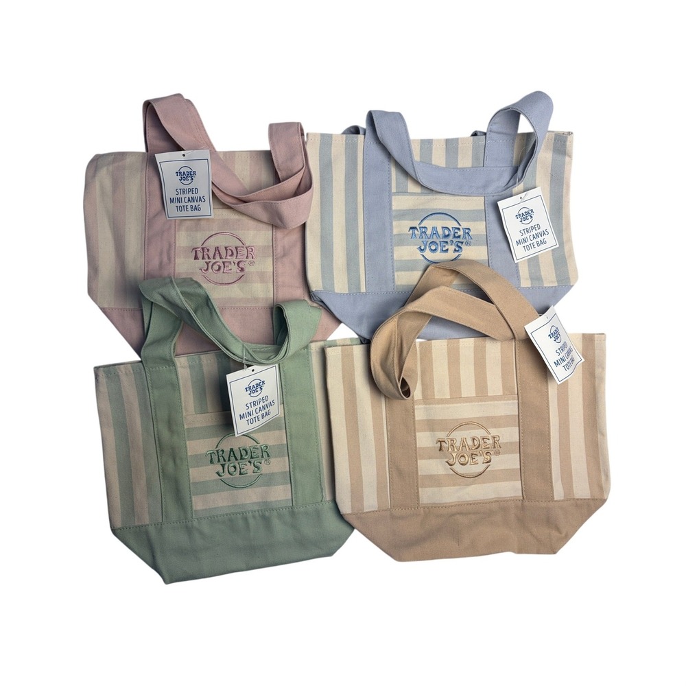 Trader Joes Striped Mini Canvas Tote Bag Set of 4 NWT